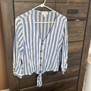 Vixbe blue and white striped button up tie blouse